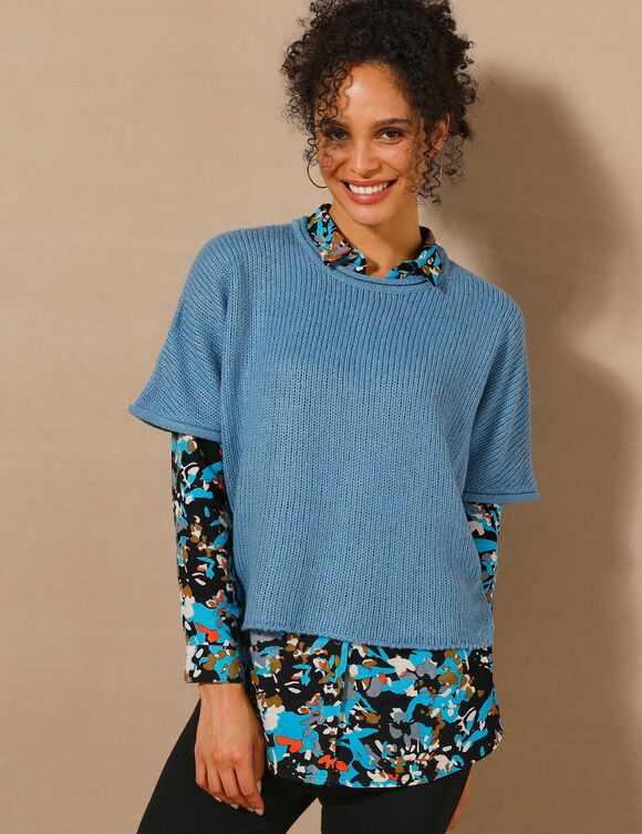 Pull poncho manches coude (bleu grisé) Pull poncho manches coude (bleu grisé)